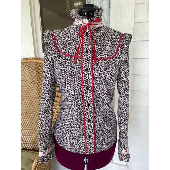 Vintage 1970s Floral Cotton Ruffle Western Shirt Black Red Size Small - Picture 9 of 11